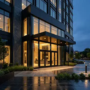 Modern office building entrance with Nixa access systems